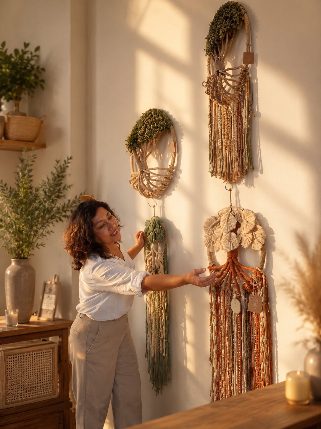 Ana María trabajando una pieza de macramé artesanal